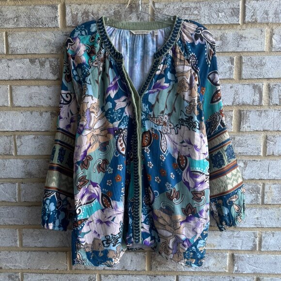 Soft Surroundings Long Sleeve V-Neck Button Up Floral Boho Blouse Size L Petite - Picture 1 of 9